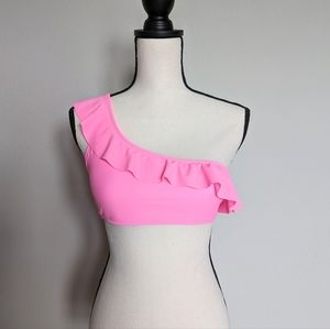 Bright pink ruffle trim one shoulder bikini top size S M L